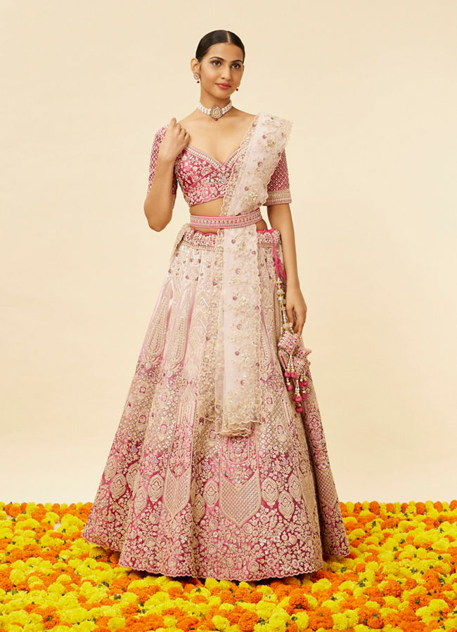 Coral Pink Bel Buti Embroidered Bridal Lehenga image number 1